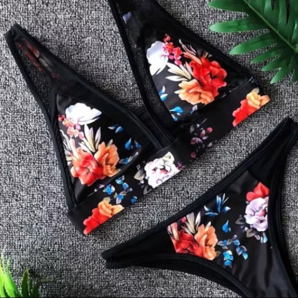 CLEARANCE Black Sheer Mesh & Floral 2Pc Swimsuit Bikini - Picture 2 of 3